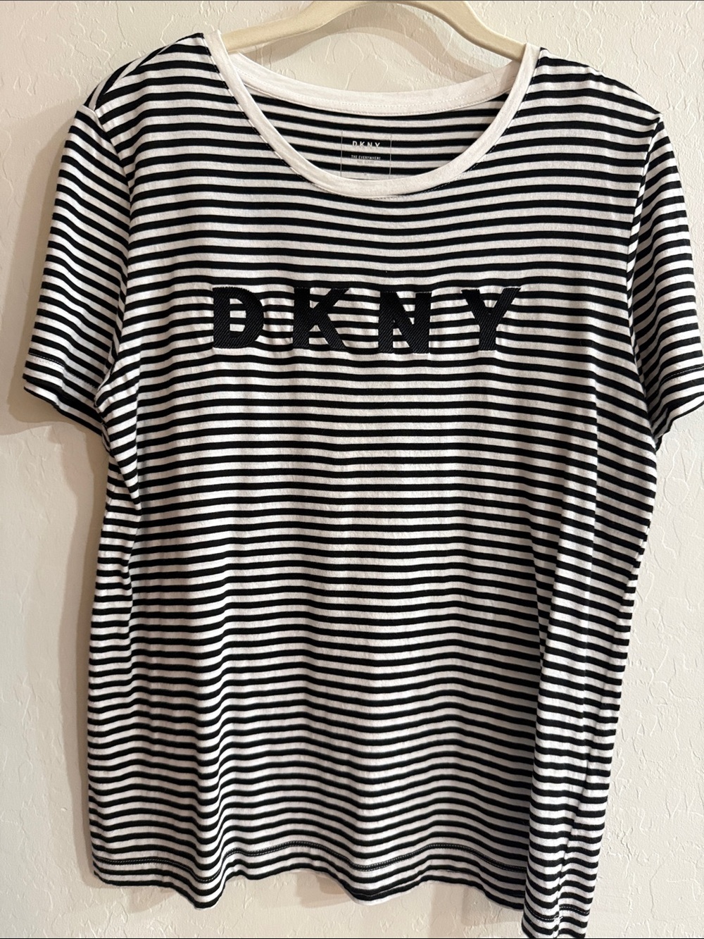 DKNY Black and White Striped Short Sleeve Crew Tee